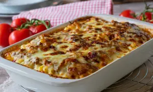 Zapiekanka z makaronem spaghetti i mielonym mięsem, która zachwyca smakiem