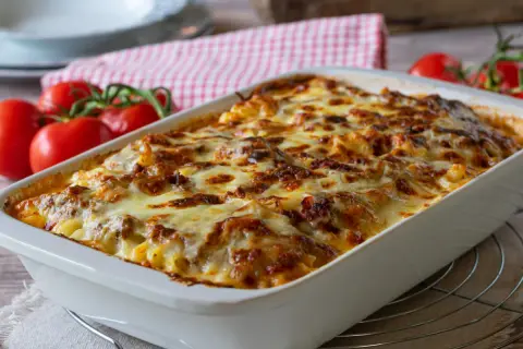 Zapiekanka z makaronem spaghetti i mielonym mięsem, która zachwyca smakiem