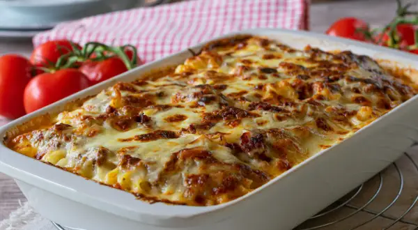 Zapiekanka z makaronem spaghetti i mielonym mięsem, która zachwyca smakiem
